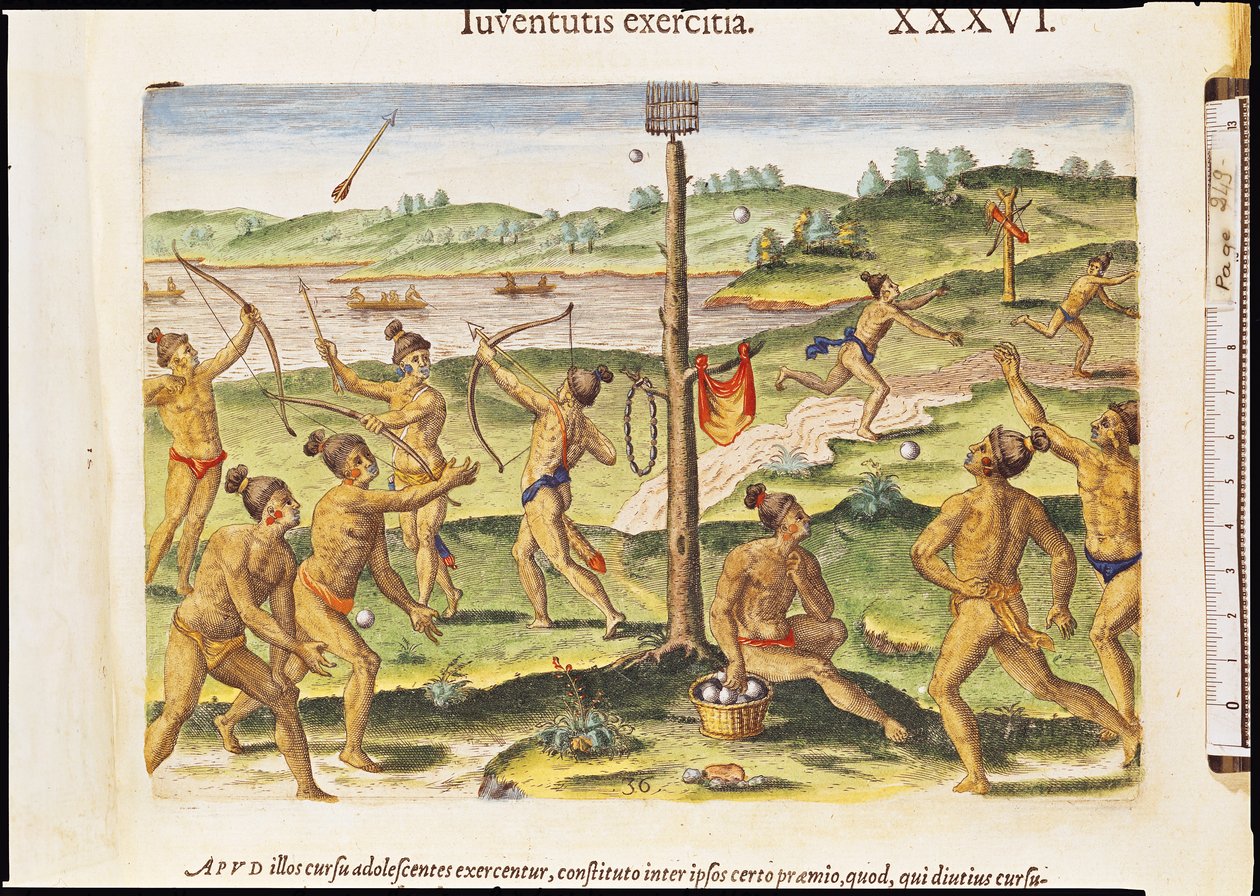 Indians Training for War, teoksesta "Brevis Narratio...", kaiverrus Theodore de Bry (1528-98) 1591 tekijältä Jacques Le Moyne