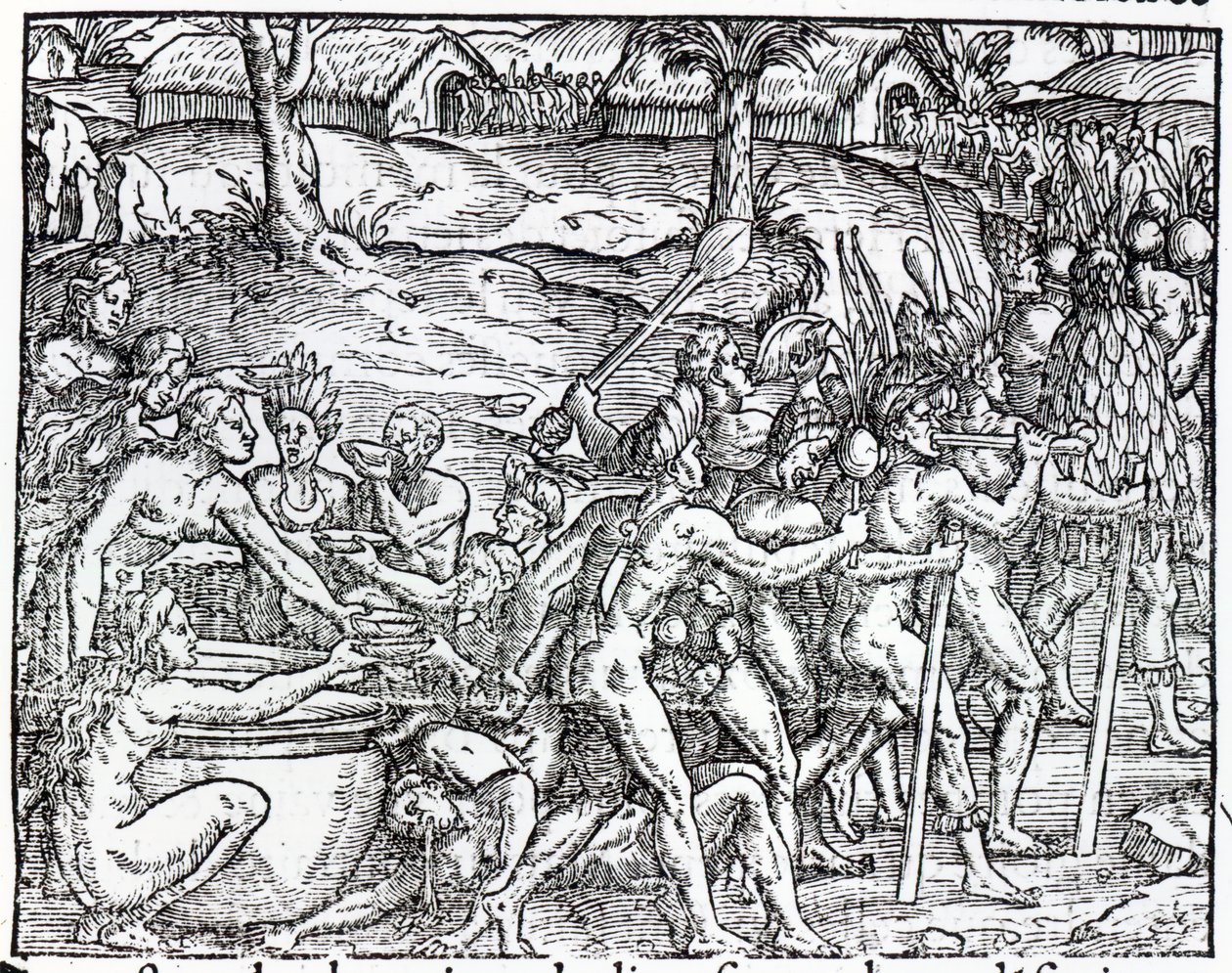 Alkuperäisten juovien ja tupakoivien kulkue, kaiverrus Theodor de Bry (1525-75) tekijältä Jacques Le Moyne