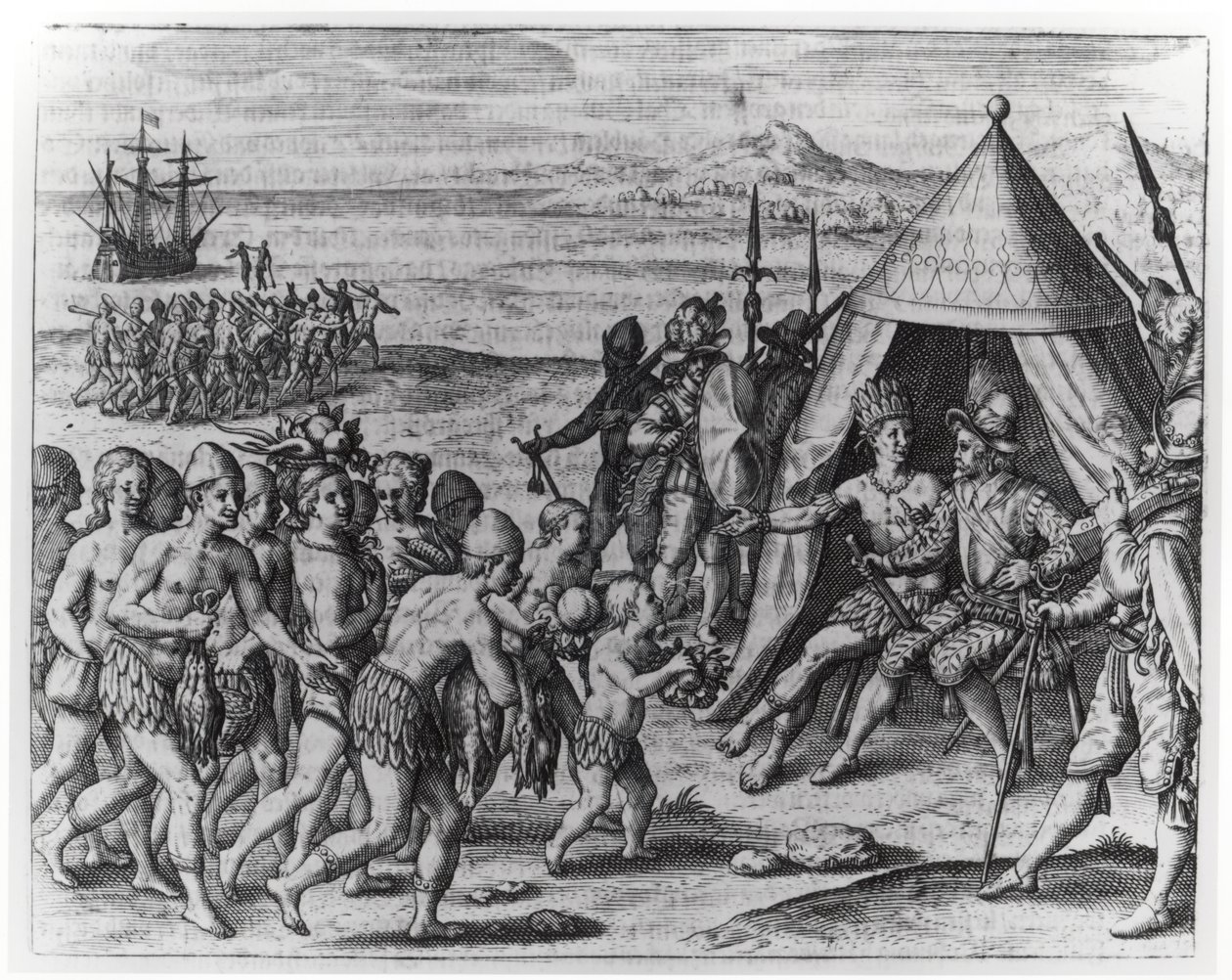 Sir Walter Raleigh (1554-1618) yrittää solmia ystävyyden Guayanan kuninkaan Arromaian kanssa "Americaesta", kaivertanut ja kirjoittanut Theodor de Bry (1528-98) tekijältä Jacques Le Moyne