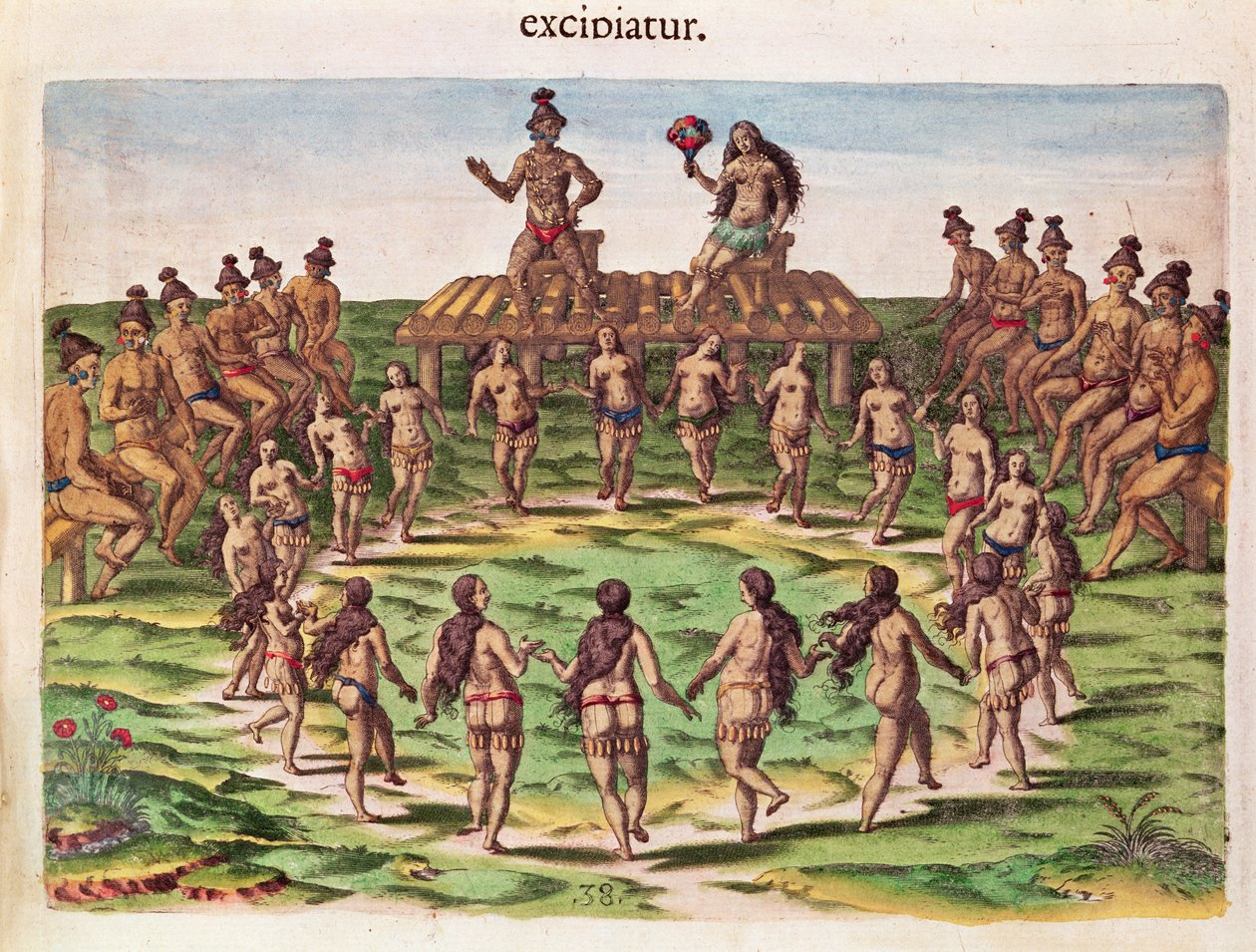 Päällikkö vastaanottaa morsiamensa Theodore de Bryn (1538-98) kaivertamasta Brevis Narratiosta, Frankfurtissa 1591 tekijältä Jacques Le Moyne