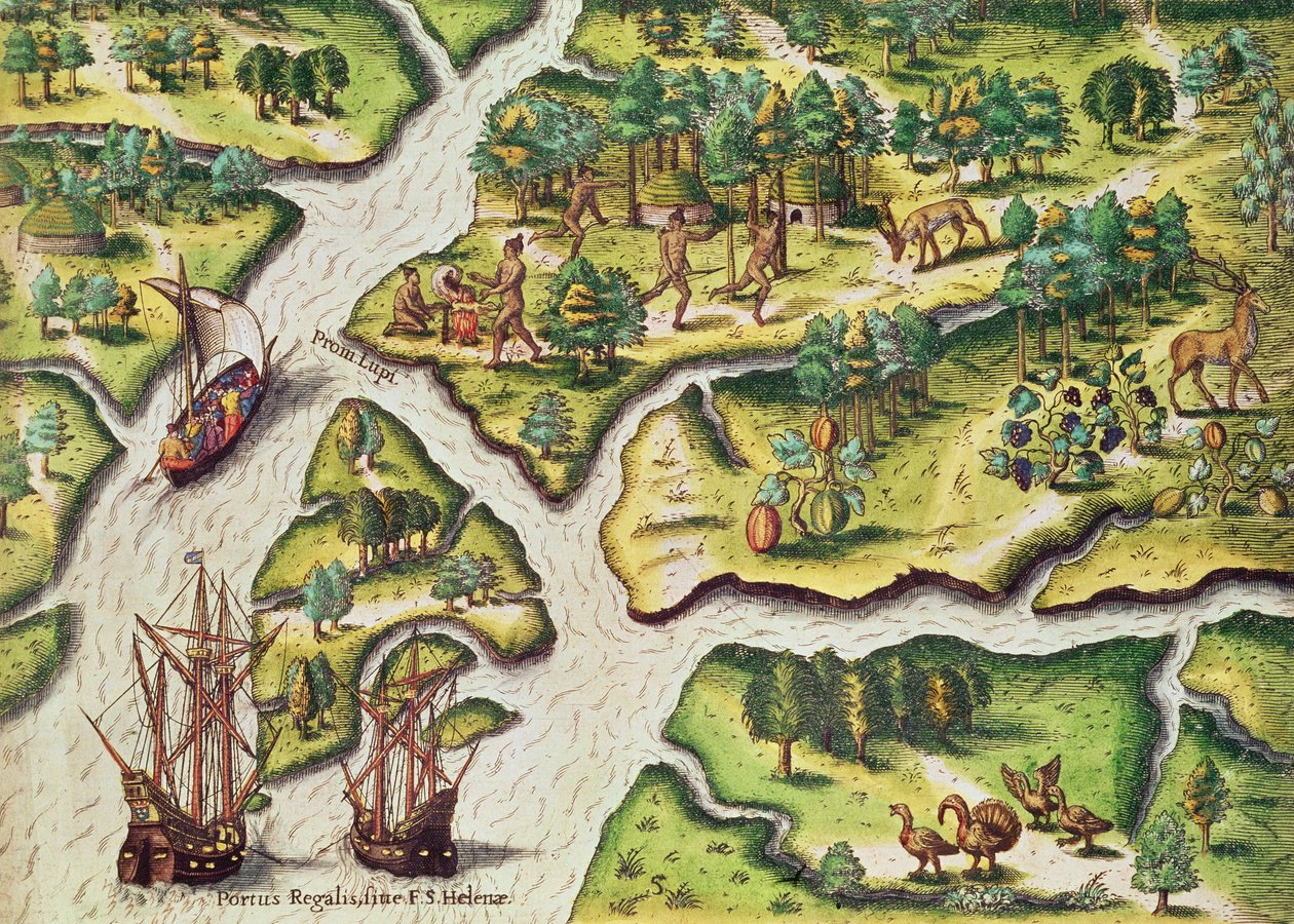 Ranskalaiset saapuvat Port Royaliin Theodore de Bryn (1528-98) kaivertamasta Brevis Narratiosta, Frankfurtissa 1591. tekijältä Jacques Le Moyne