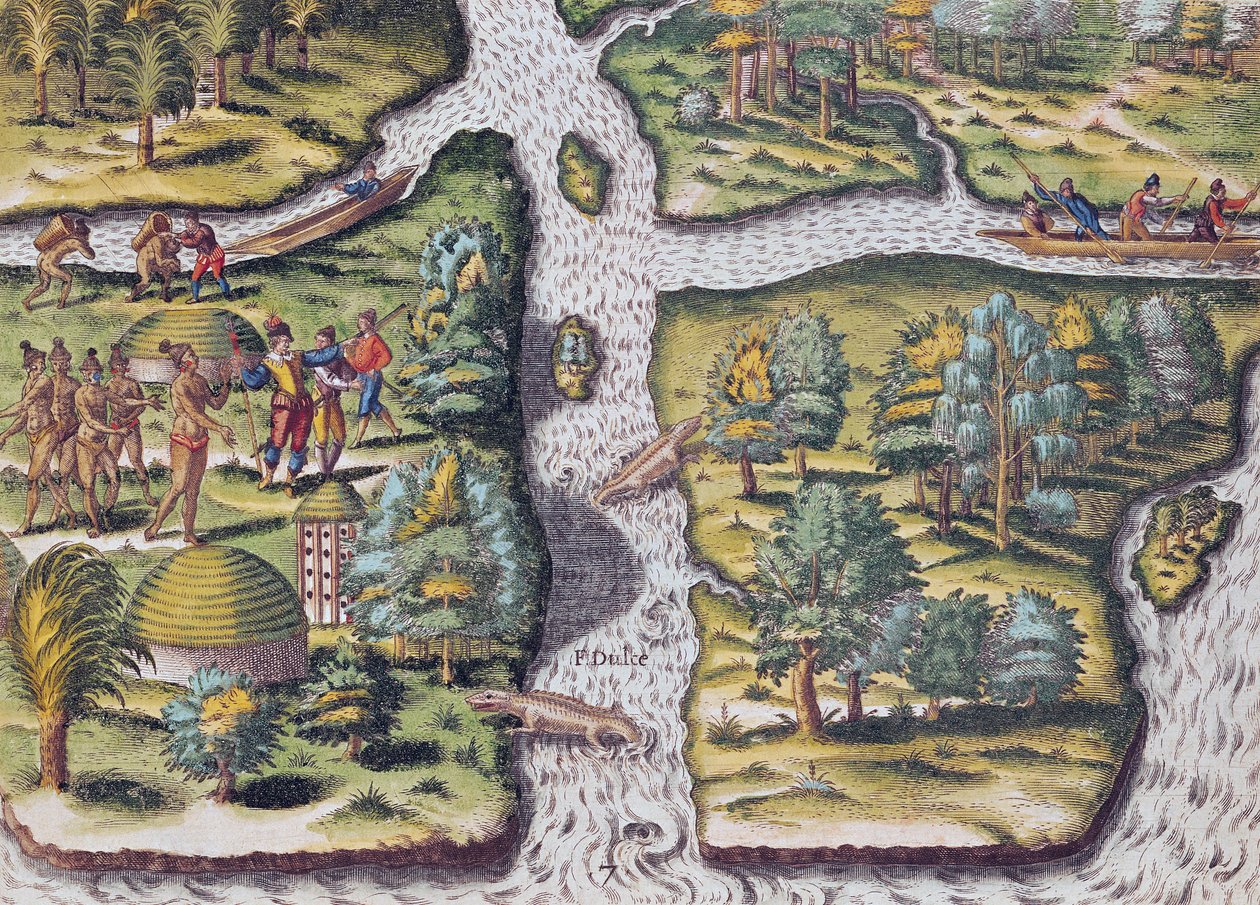 Ranskalaiset lähtivät Fort Charlesiin kärsien ruuan puutteesta, Theodore de Bryn (1528-88) kaiverruksesta "Brevis Narratio..." 1563 tekijältä Jacques Le Moyne