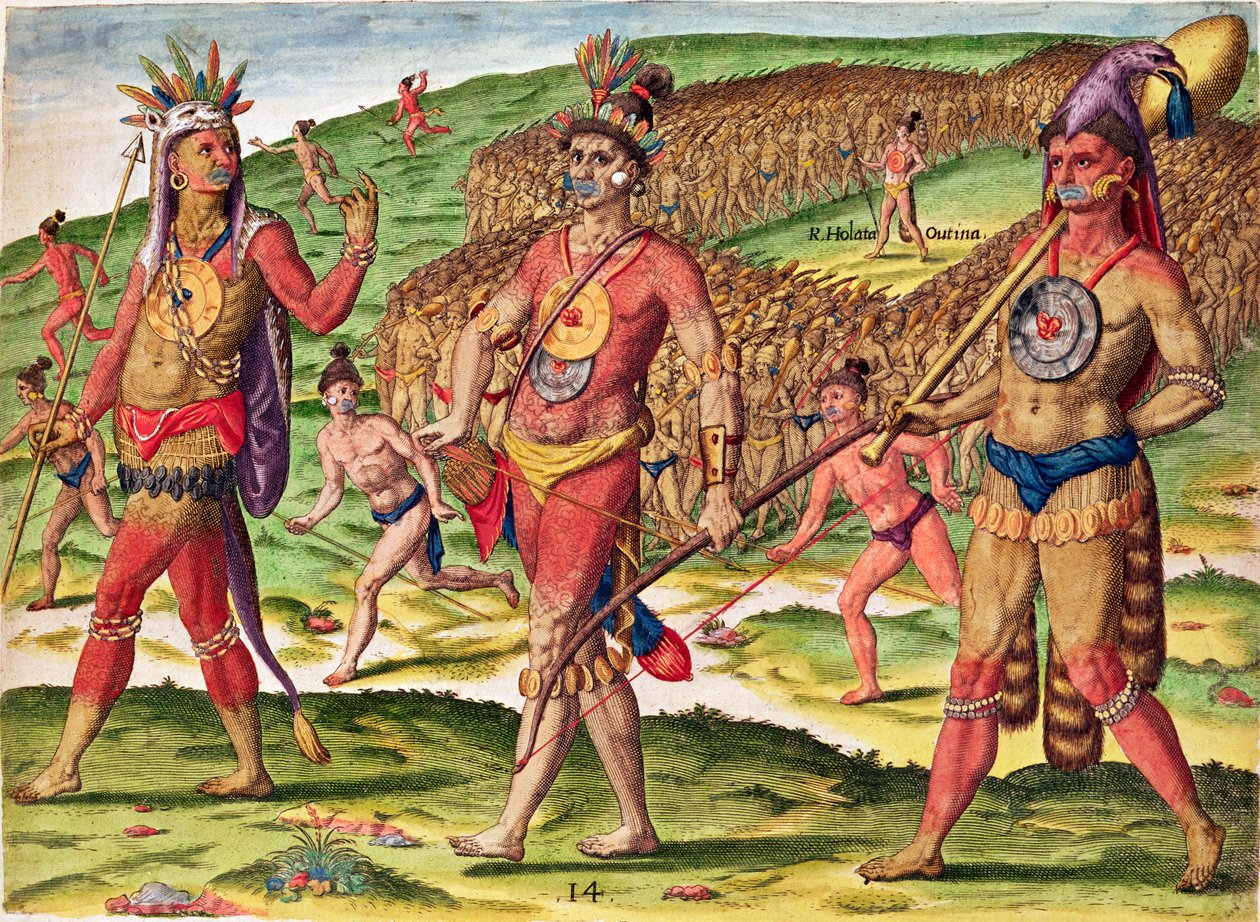 Theodore de Bryn (1528-98) kaivertama Theodore de Bry (1528-98) 1563 Outinan sotilaat marssivat leikkaamaan vihollisensa paloiksi. tekijältä Jacques Le Moyne