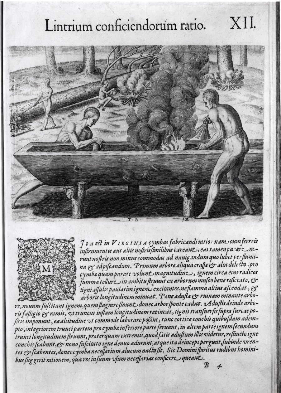 Virginian intiaanit, jotka tekevät korsuveneitä, "Americae", kirjoittanut ja kaivertanut Theodor de Bry (1525-75) tekijältä Jacques Le Moyne