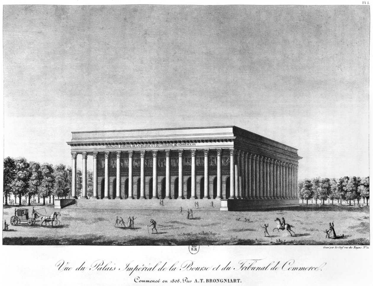 Näkymä Boursen keisarilliseen palatsiin ja kauppaoikeuteen, Pariisi, 1800-luvun alku tekijältä Jacques Louis Constant Le Cerf