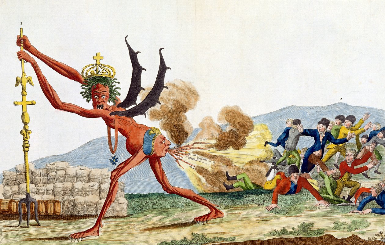 Englannin hallituksen karikatyyri, 1793 (värillinen etsaus) tekijältä Jacques Louis David