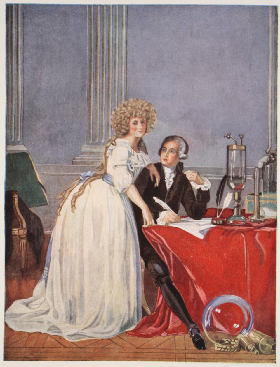 Lavoisier ja hänen vaimonsa, kopio Boris Mestchersky (k. 1957), kuvitus julkaisusta "Histoire de la Nation Francaise", Sciences, Volumes I ja II, kirjoittanut Gabriel Hanotaux (1853-1944), 1924 tekijältä Jacques Louis David