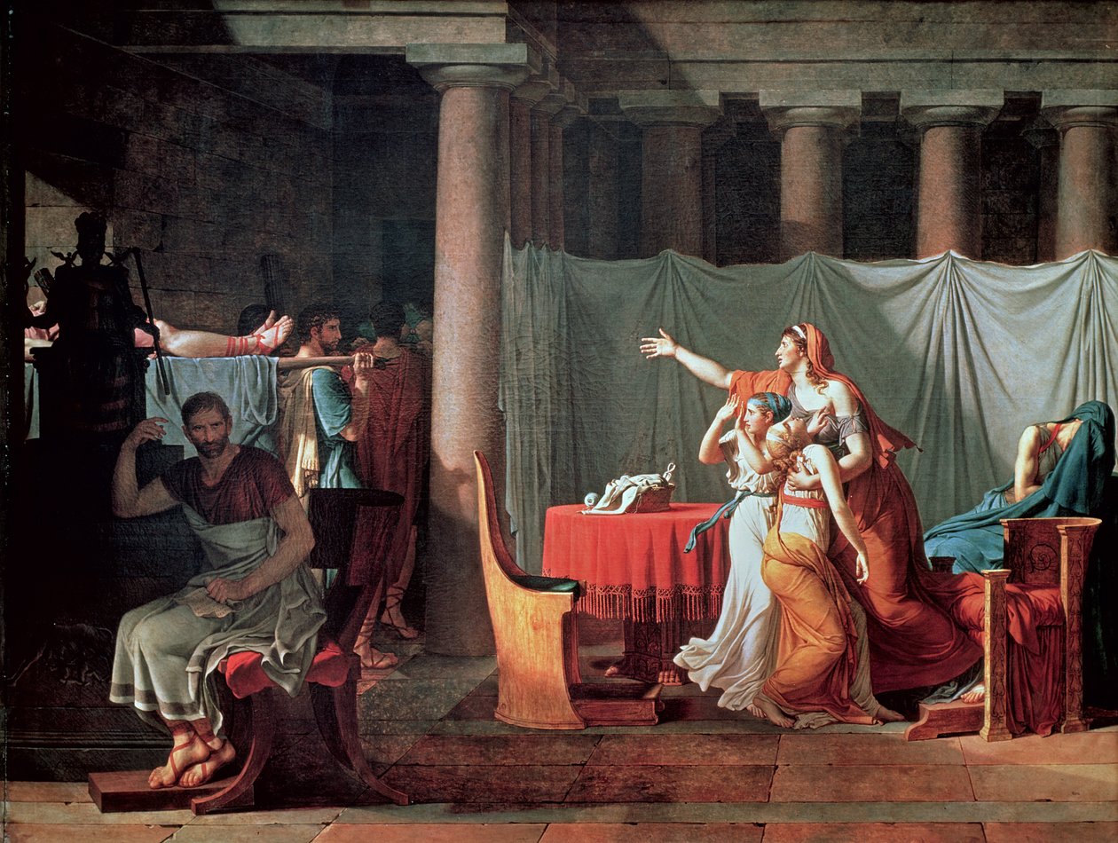Lictors kantamassa Brutukselle hänen poikiensa ruumiita, 1789 (katso yksityiskohdat 188954 ja 188955) tekijältä Jacques Louis David