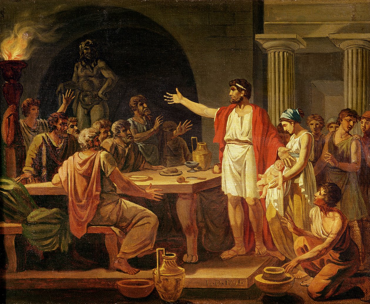 Tutkimus Lycurguksesta, joka näyttää Spartan muinaisille heidän kuninkaansa, 1791 tekijältä Jacques Louis David