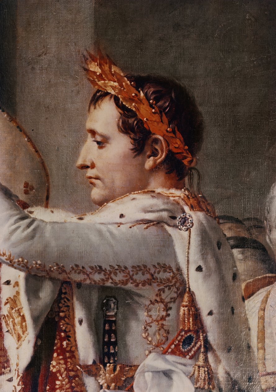 Paavi Pius VII:n (1742-1823) keisari Napoleonin (1769-1821) vihkiminen ja keisarinna Josephinen (1763-1814) kruunaus 2. joulukuuta 1804, 1806-1807, Napoleonin yksityiskohta tekijältä Jacques Louis David