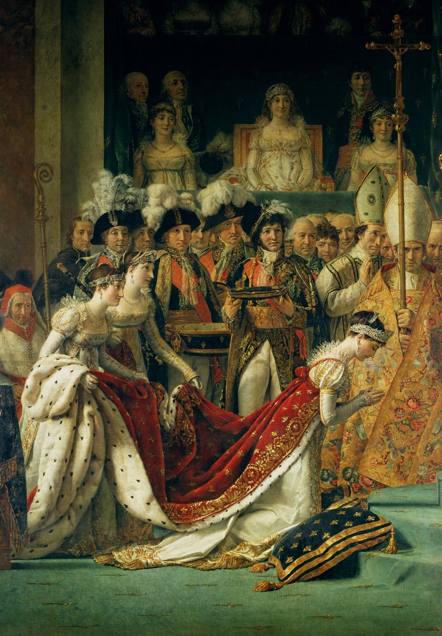 Paavi Pius VII:n keisari Napoleonin (1769-1821) vihkiminen ja keisarinna Josephinen (1763-1814) kruunaus, 2. joulukuuta 1804, yksityiskohta Josephinesta ja hänen odotusnaisista, 1806-7 tekijältä Jacques Louis David