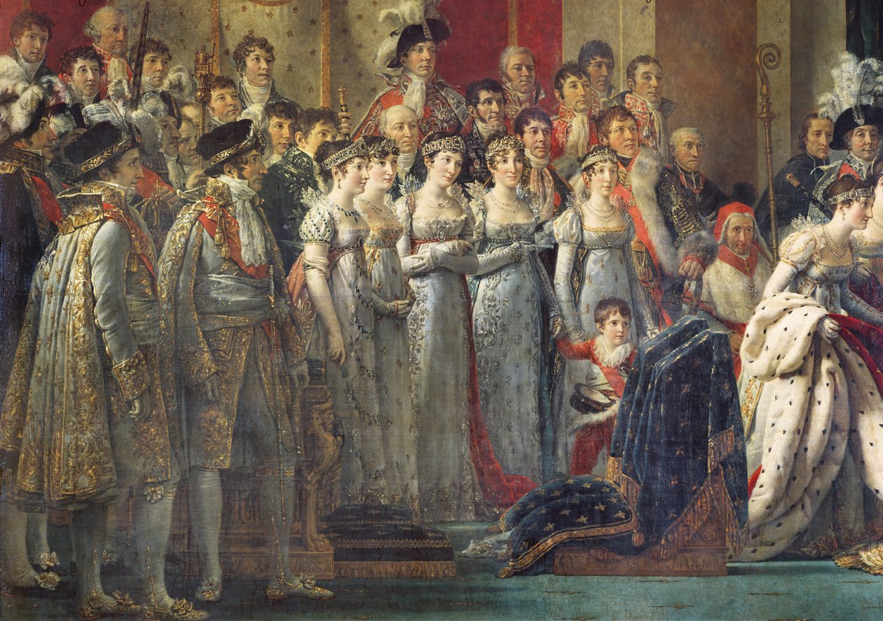 Keisari Napoleon I:n vihkiminen ja keisarinna Joséphinen kruunajaiset Notre-Damen katedraalissa, 2. joulukuuta 1804 yksityiskohta vasemmasta osasta, jossa on kuvattu odottavia naisia ja kammiota. tekijältä Jacques Louis David