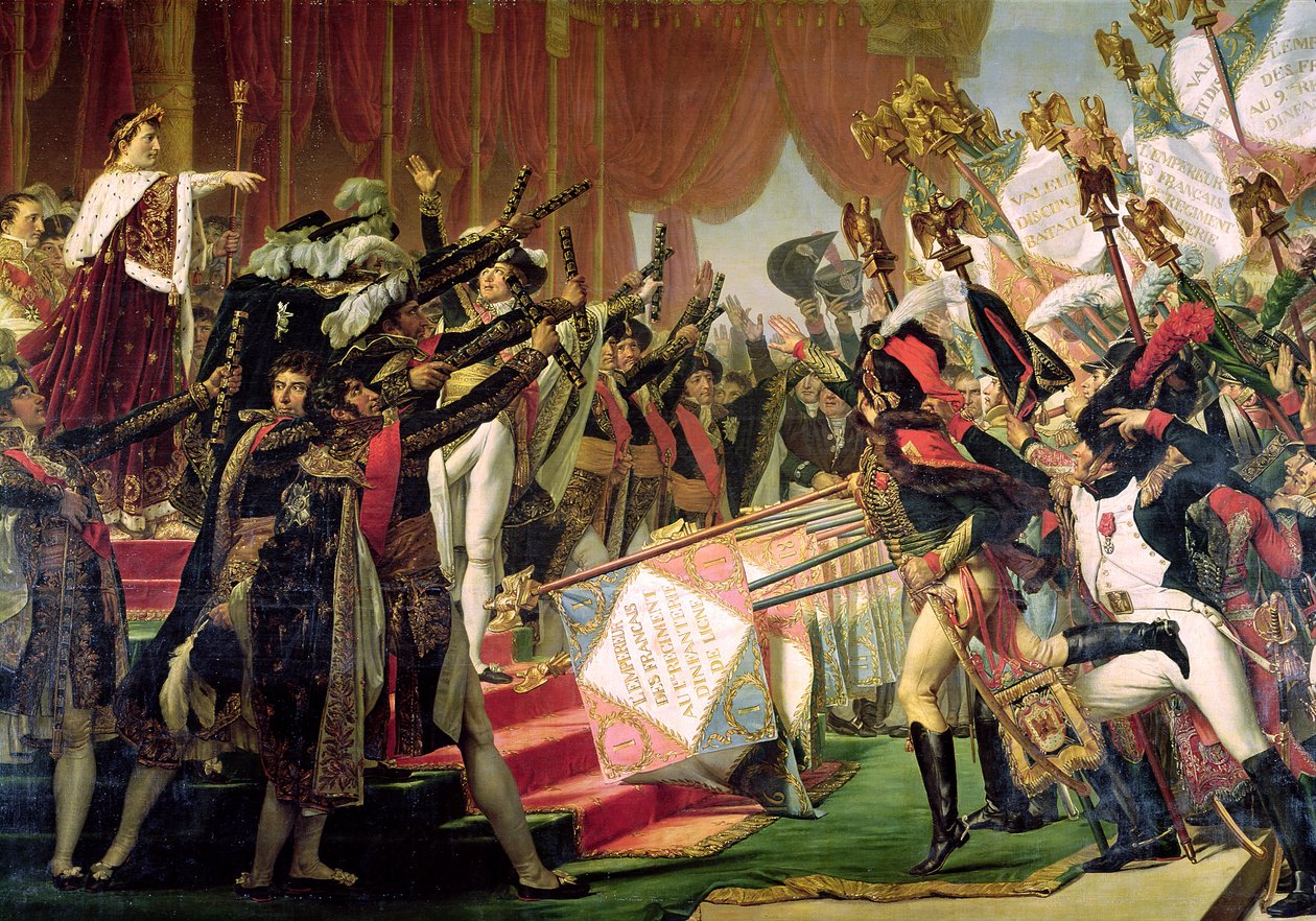 The Distribution of the Eagle Standards, 5. joulukuuta 1804, yksityiskohta lipunhaltijoista, 1808-10 tekijältä Jacques Louis David