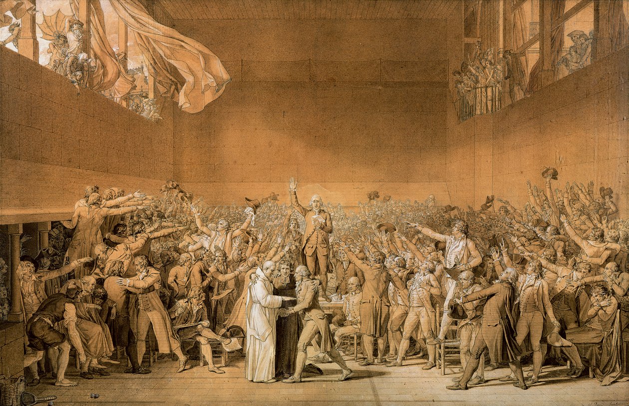 Tenniskentän vala, 20. kesäkuuta 1789, 1791 (kynä, joka on pesty bistreellä, jossa on valkoisia kohokohtia paperilla) (katso myös 14667) tekijältä Jacques Louis David