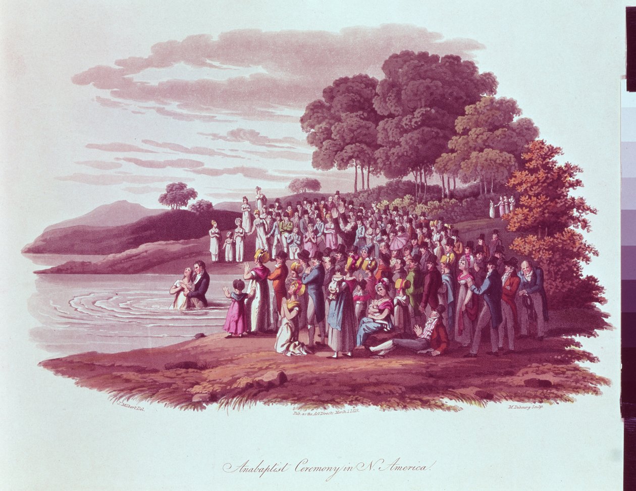 Anabaptistien seremonia Pohjois-Amerikassa, kaiverrettu M. Dubourgin toimesta, 1819. tekijältä Jacques Milbert