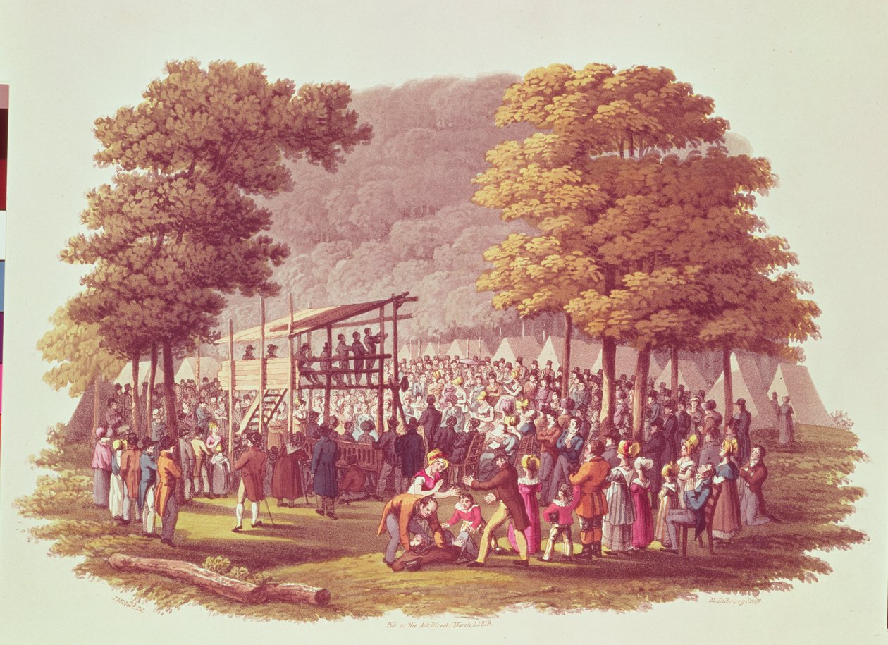Metodistien leirikokous Pohjois-Amerikassa, kaiverrus M. Dubourg, 1819 tekijältä Jacques Milbert