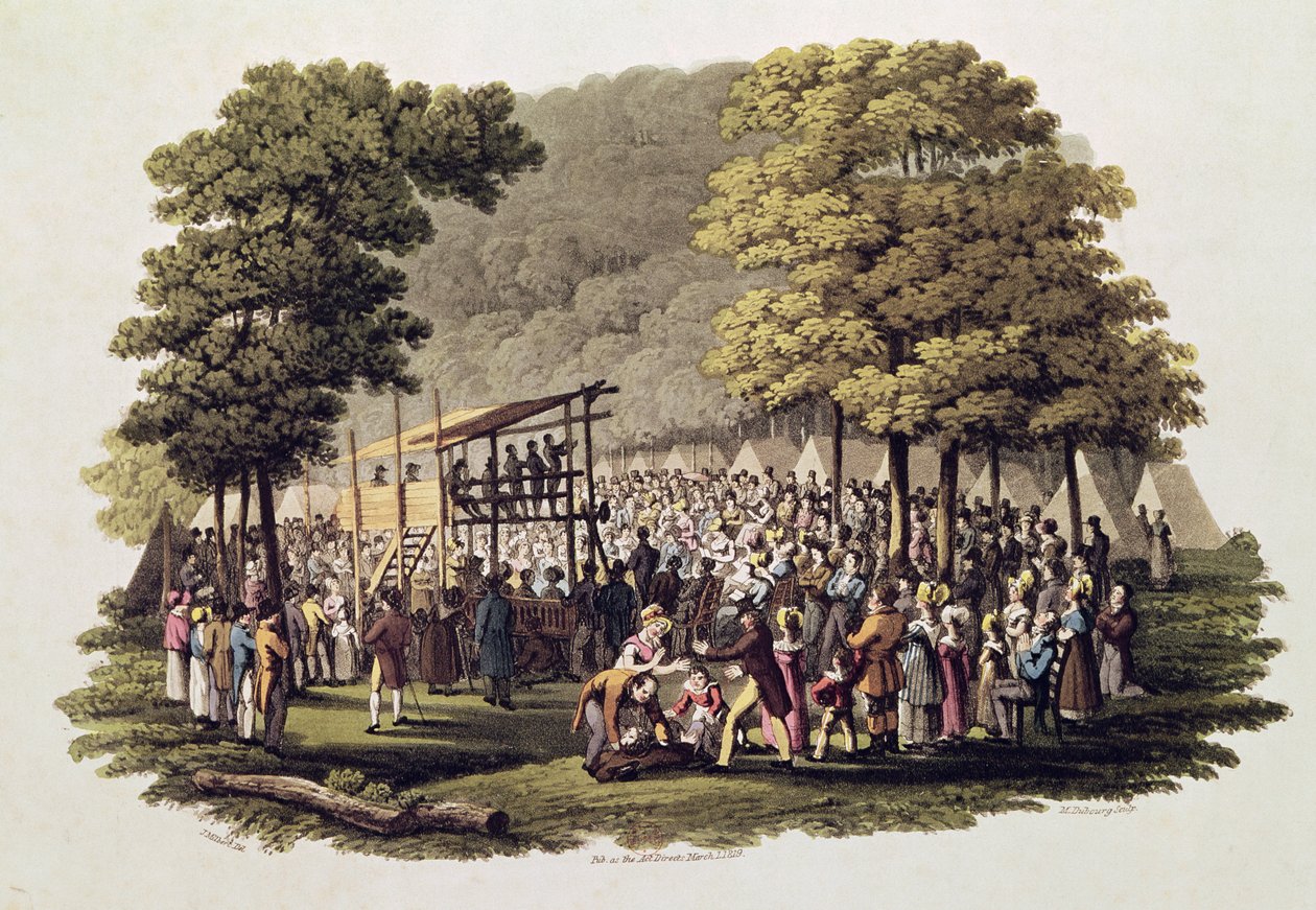 Metodistien leirikokous Pohjois-Amerikassa, kaiverrus Matthew Dubourg (fl.1813-20) 1819 tekijältä Jacques Milbert