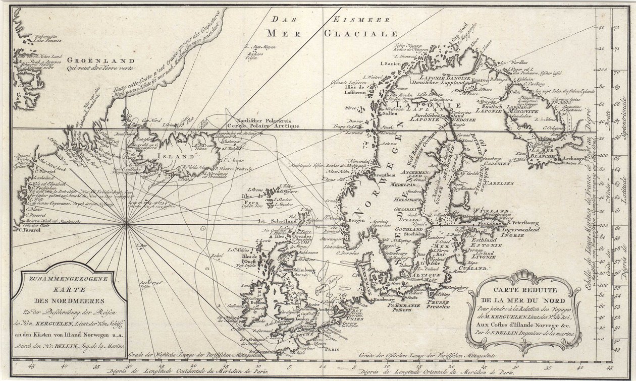 Kartta Pohjois -Atlantista ja Pohjanmerestä tekijältä Jacques Nicolas Bellin