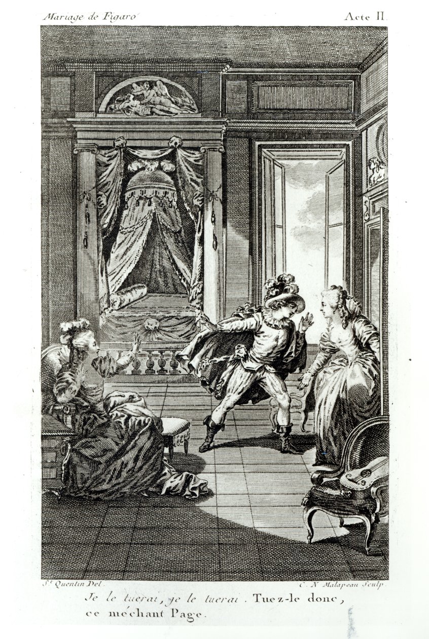 "Aion tappaa hänet...", kohtaus Pierre-Augustin Caron de Beaumarchaisin (1732-99) "Figaron häät" II näytöksestä, kaiverrettu Claude Nicolas Malapeau (1755-1803) 1785 (bw-kuva) tekijältä Jacques Philippe Joseph de Saint Quentin