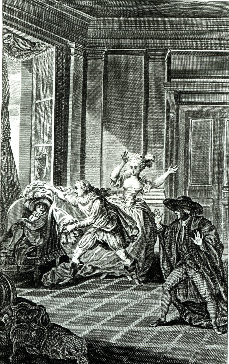 Kohtaus Pierre-Augustin Caron de Beaumarchaisin (1732-1799) Figaron häät I näytöksestä, kaiverrettu Claude Nicolas Malapeau (1755-1803) 1785 tekijältä Jacques Philippe Joseph de Saint Quentin