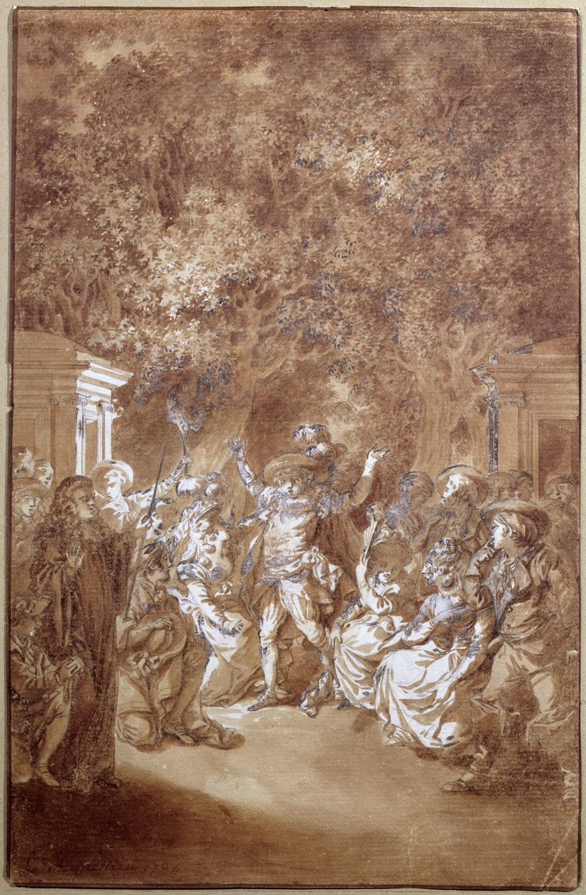 Kohtaus Pierre-Augustin Caron de Beaumarchaisin (1732-99) teoksesta "Figaron häät" 1785 tekijältä Jacques Philippe Joseph de Saint Quentin