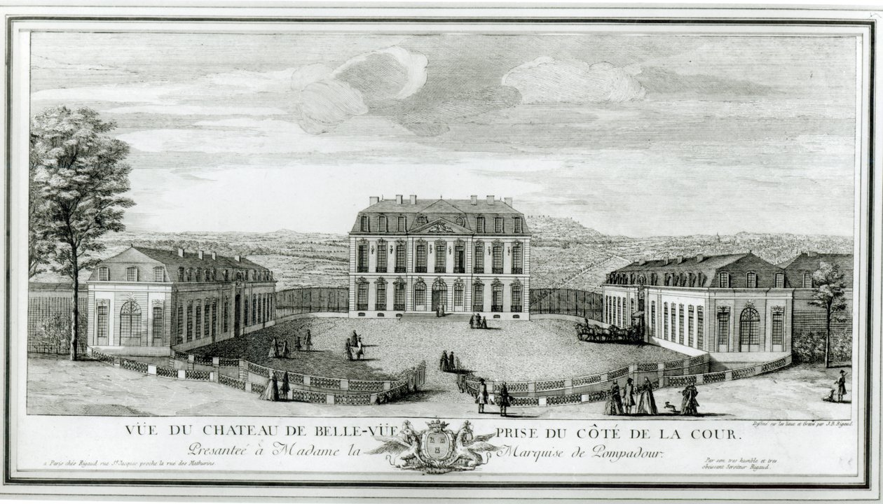 Näkymä Bellevuen linnan sisäpihan julkisivulle, n. 1750 tekijältä Jacques Rigaud