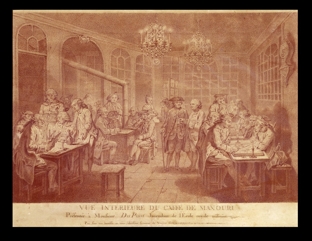 Kahvila Manourin sisätilat, noin 1775 (punaliitu paperille). tekijältä Jacques Treton de Vaujas