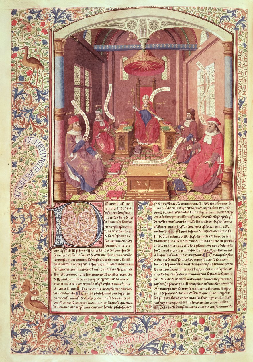 Ms 246 fol.354v St. Augustine, Epicurus, Zeno, Antiochus ja Barron, Pyhän Augustinuksen Hippolaisen teoksesta "De Civitate Dei" (354-430), kääntäjä Raoul de Presles tekijältä Jacques de Besancon