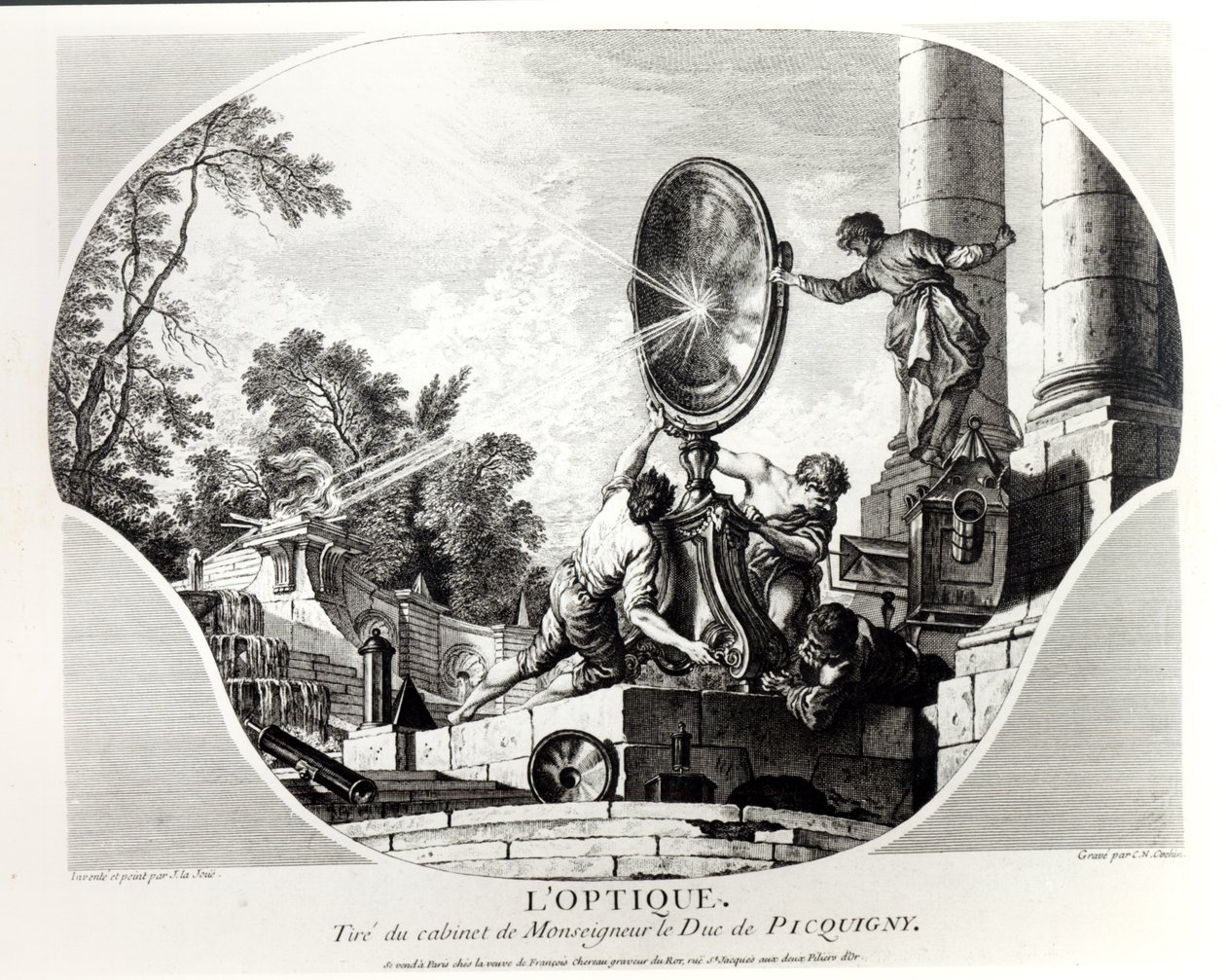 Palava peili, allegoria optiikasta, kaivertaja Charles Nicolas Cochin (1715-90). tekijältä Jacques de Lajoüe
