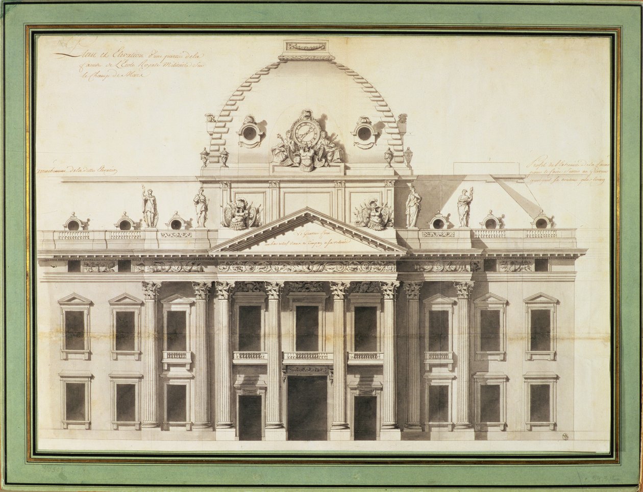 Suunnittelu Ecole Militairelle, Pariisi, 1751 (kynä, sivellin, muste) tekijältä Jacques Ange Gabriel