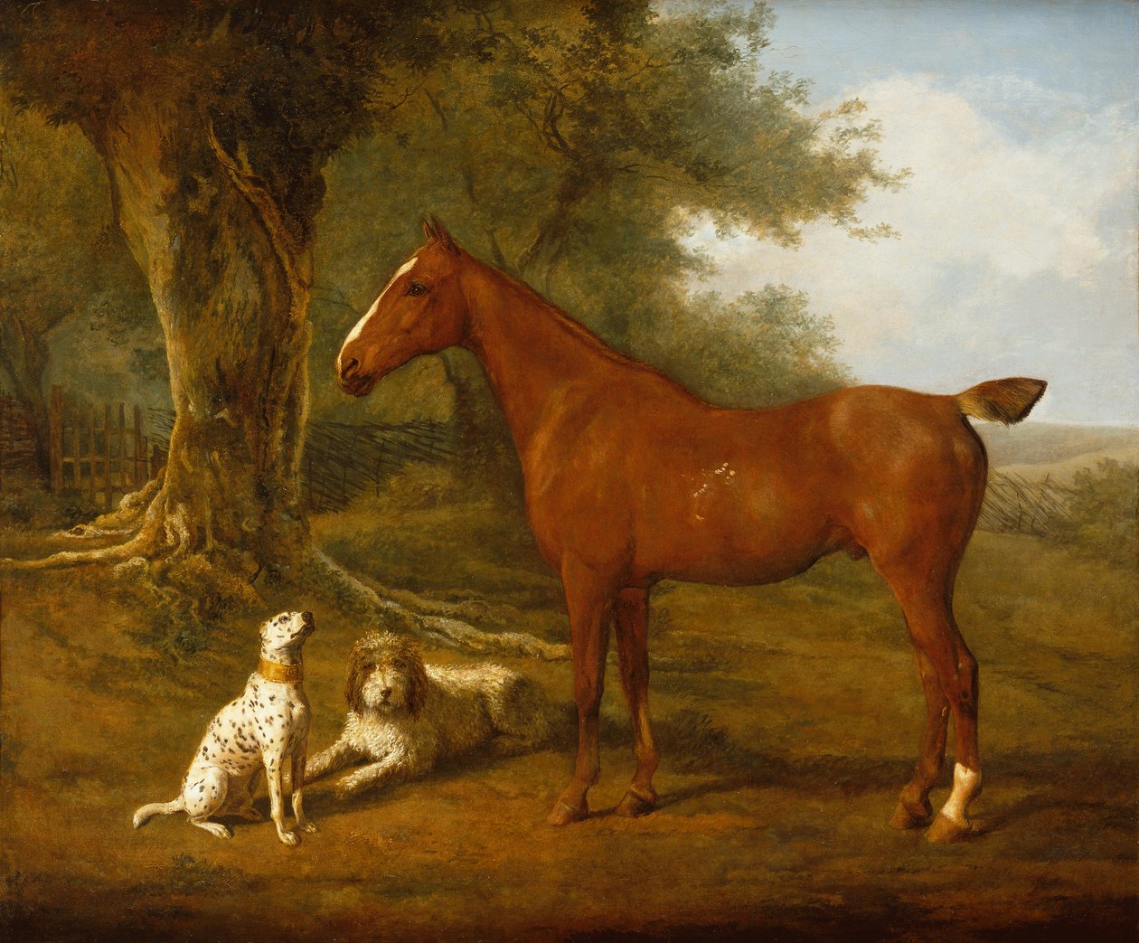 Kastanjanmetsästäjä Briardin ja Dalmatian kanssa (öljy) tekijältä Jacques Laurent Agasse