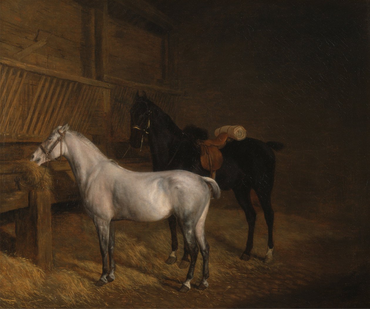 Harmaa poni ja musta laturi tallissa tekijältä Jacques-Laurent Agasse