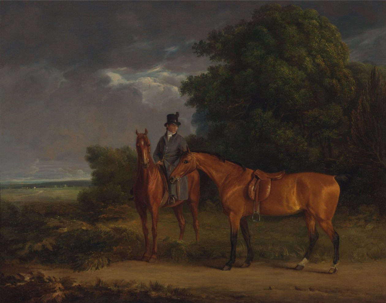 Kastanjanmetsästäjälle kiinnitetty sulhanen kädessään pitelee Bay Hunteria ohjaksistaan tekijältä Jacques-Laurent Agasse