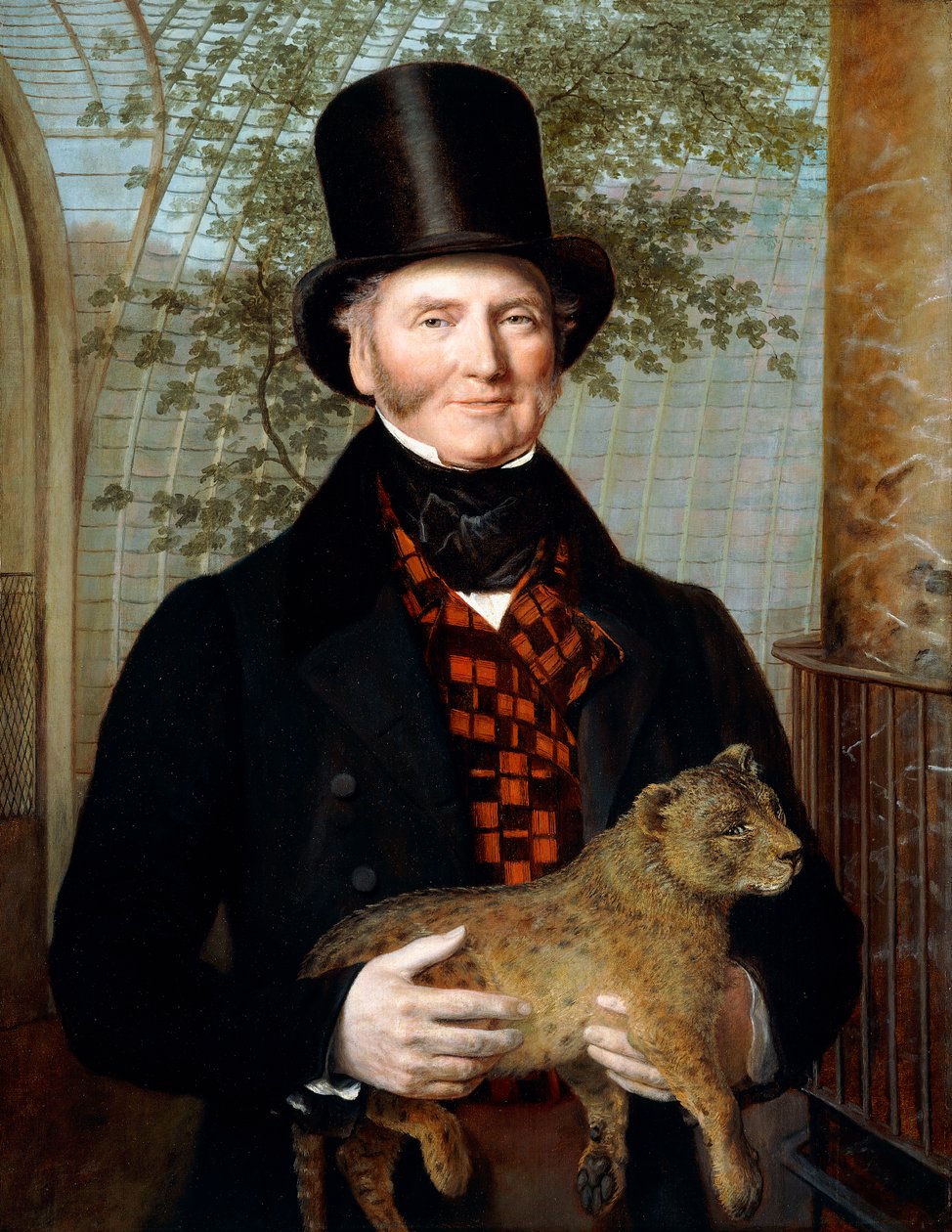 Muotokuva Edward Crossista, puolipitkä, mustassa takissa ja punaruudullisessa liivissä pitelemässä leijonanpentua tekijältä Jacques Laurent Agasse