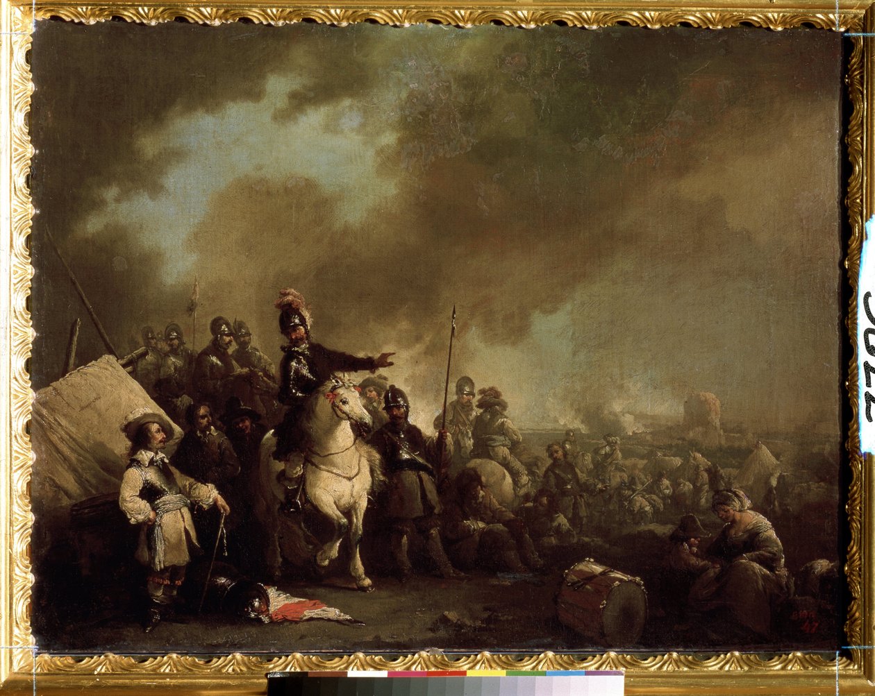 ""Sotilasleiri piirityksen aikana"" (Sotilasleiri piirityksen aikana) Jacques Courtois dit le Bourguignonin maalaus (1621-1676) 1600-luvun valtion ulkoilmamuseo Tsarskoje Selo, Pietari tekijältä Jacques Courtois