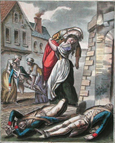 Naiset auttoivat loukkaantuneita Ranskan vallankumouksen aikana, kaiverrus Labrousse, n. 1795 (värinen kaiverrus) tekijältä Jacques (after) Grasset de Saint Sauveur