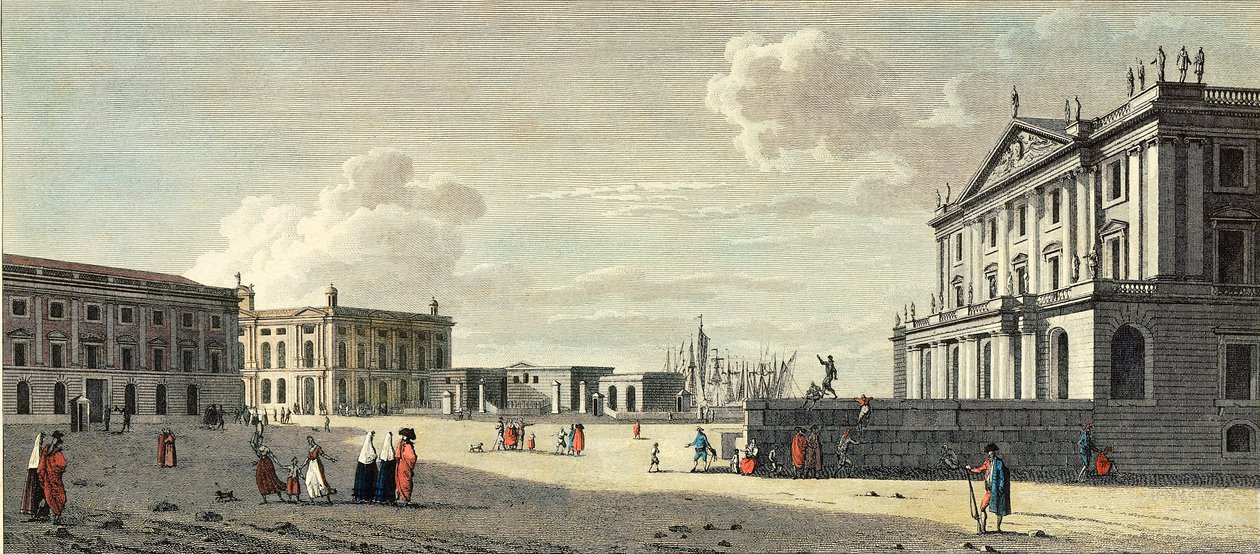 Llotja (entinen pörssi), tullikapteenin palatsi ja Barcelonan meriportti (kaiverrus) tekijältä Jacques (after) Moulinier