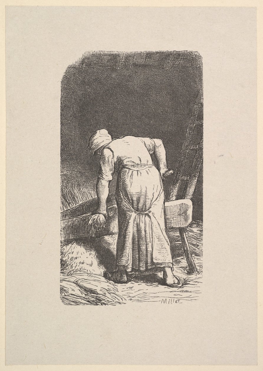Nainen leikkaa vehnää, 1853. tekijältä Jacques Adrien Lavieille
