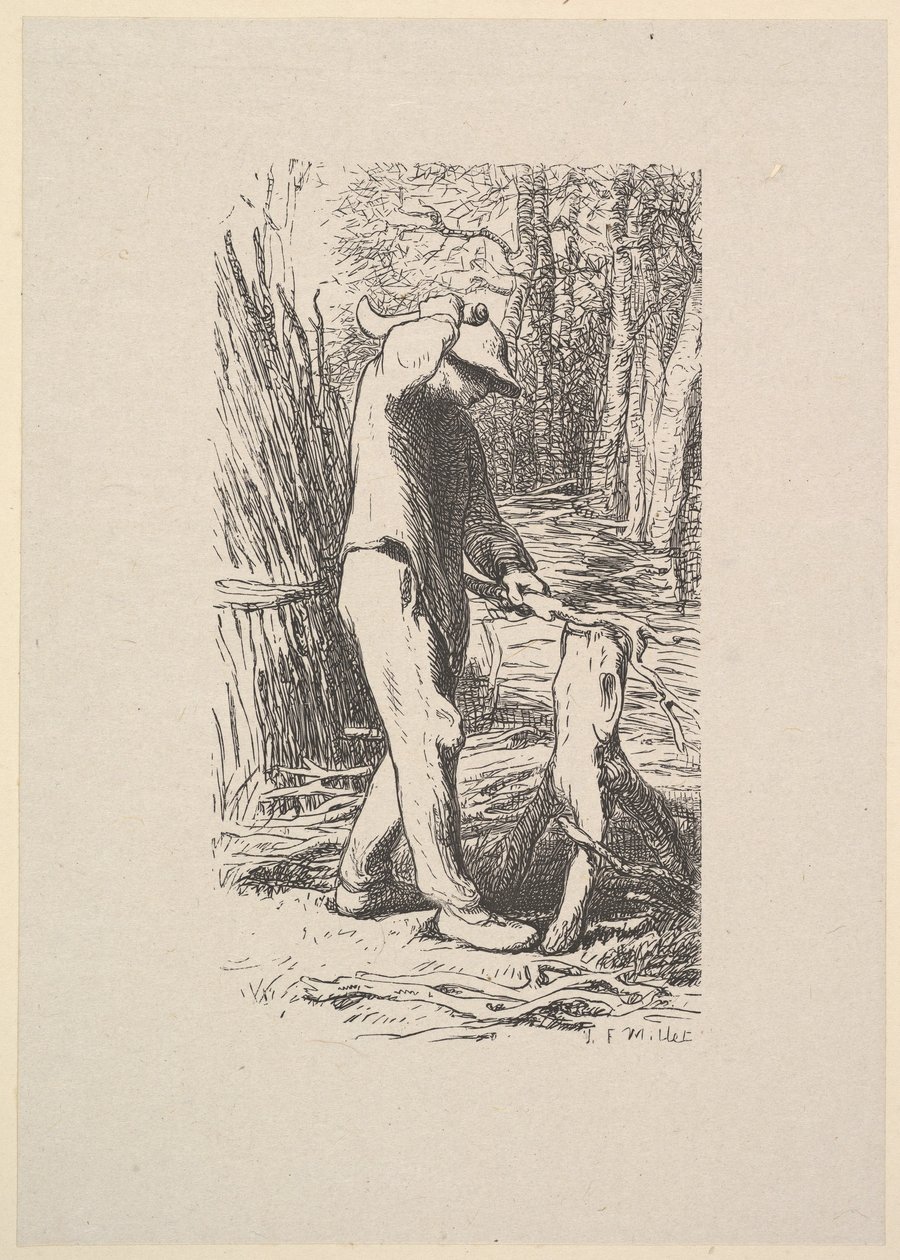 Puunhakkaaja tekemässä peppua, 1853. tekijältä Jacques Adrien Lavieille
