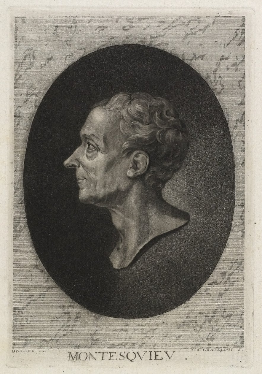 Montesquieu, kaiverrus Jean-Baptiste de Grateloup, 1768 (pisteetsaus mezzotintilla) tekijältä Jacques Antoine Dassier