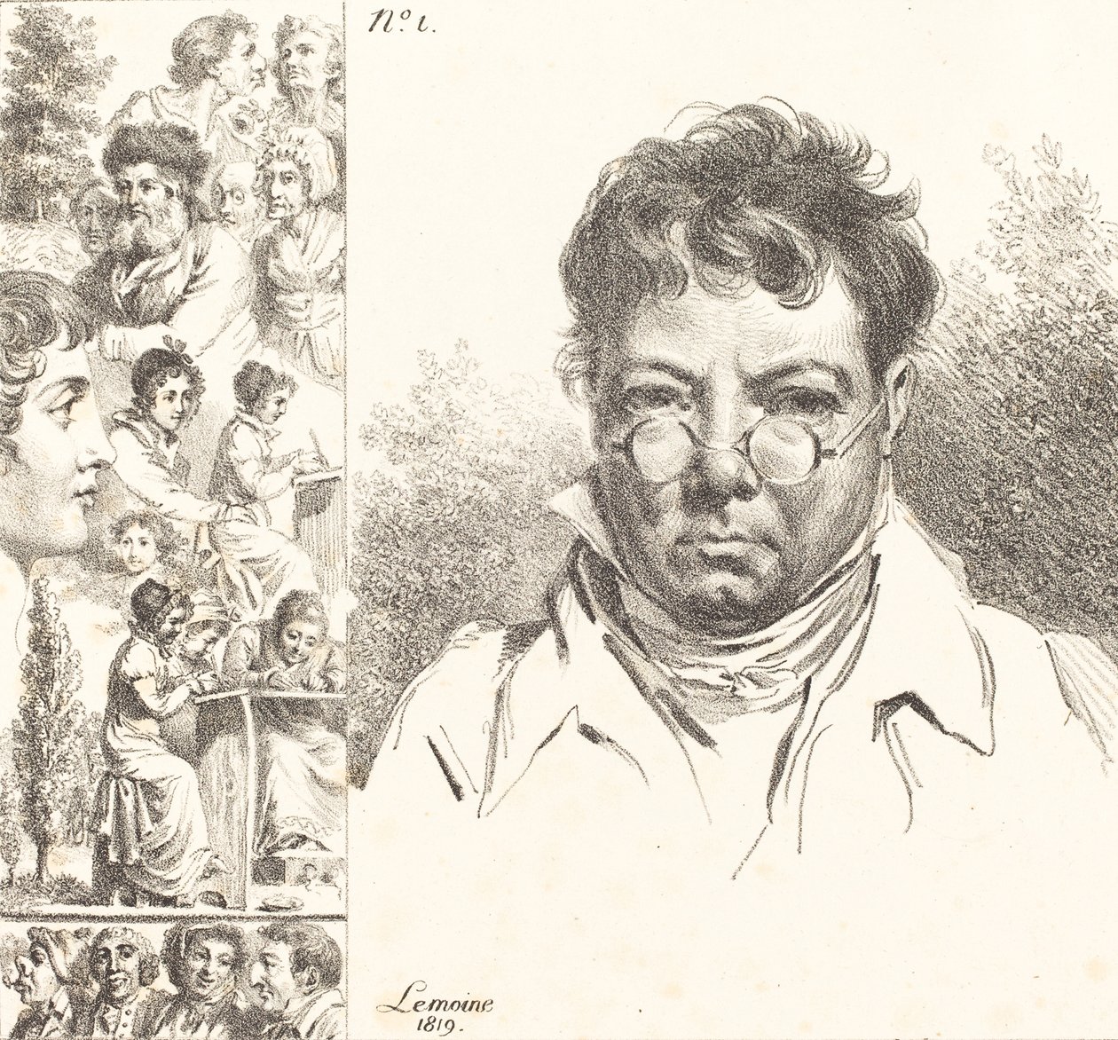 Omakuva ja muut päät, 1819 (litografia) tekijältä Jacques Antoine Marie Lemoine