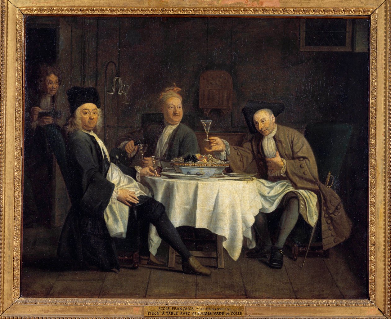 Viinin juojat sanoivat kerran, että runoilija Alexis Piron (1689-1773) pöydässä ystäviensä Jean Joseph Vaden (1720-1757) ja Charles Collen (1709-1783) kanssa Jacques Antreaun (1657-1745) maalaus 1700-luvun aurinko. 0,54x0,66 m tekijältä Jacques Antreau