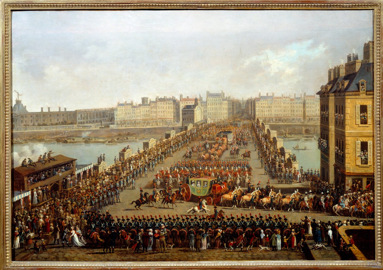 Ylitti uuden sillan keisarillisen korteesin toimesta Napoleon I:n pyhän seremoniaan 2. joulukuuta tekijältä Jacques Bertaux