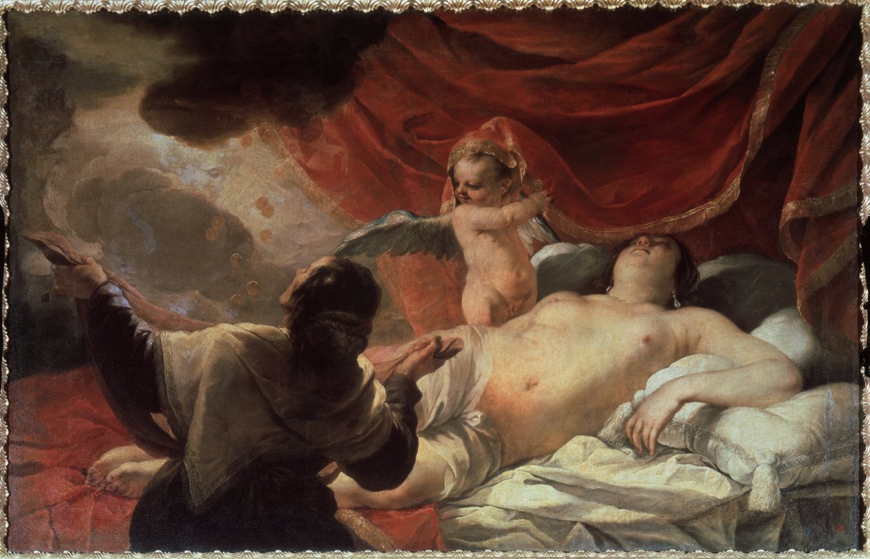 ""Danae"" Zeus esittelee itsensä Danaelle vietelläkseen hänet kultakolikoiden suihkun muodossa. Jacques Blanchardin (1600-1638) maalaus 1600-luvun valtion ulkoilmamuseo Tsarskoje Selo, Pietari, Venäjä tekijältä Jacques Blanchard