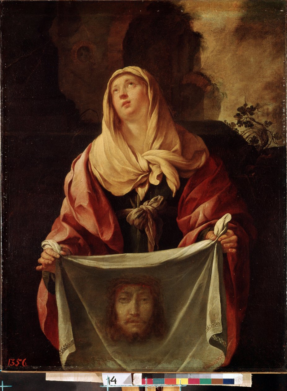 ""Pyhä Veronica"". Pyhä verho edustaa Kristuksen kasvoja, jonka hiki Veronique olisi pyyhkinyt pois noustaessaan Golgatalle. Jacques Blanchardin (1600-1638) maalaus 1633-1634 Mitat 127x98 cm Eremitaaši, Pietari (Pietari) tekijältä Jacques Blanchard