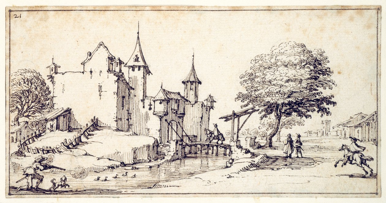Linna laskusillalla (kynä ja ruskea muste paperille) tekijältä Jacques Callot