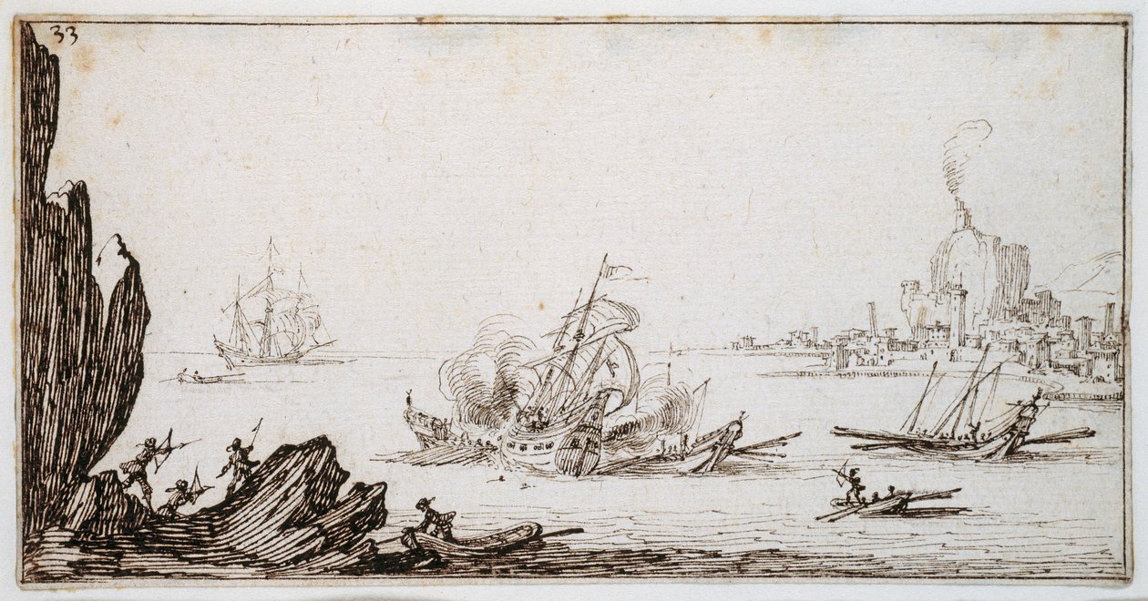 Laivan välissä purjeiden alla purjehtineen keittiön laivojen välissä sataman näköetäisyydellä, n. 1617 (kynä ja ruskea muste paperilla) tekijältä Jacques Callot