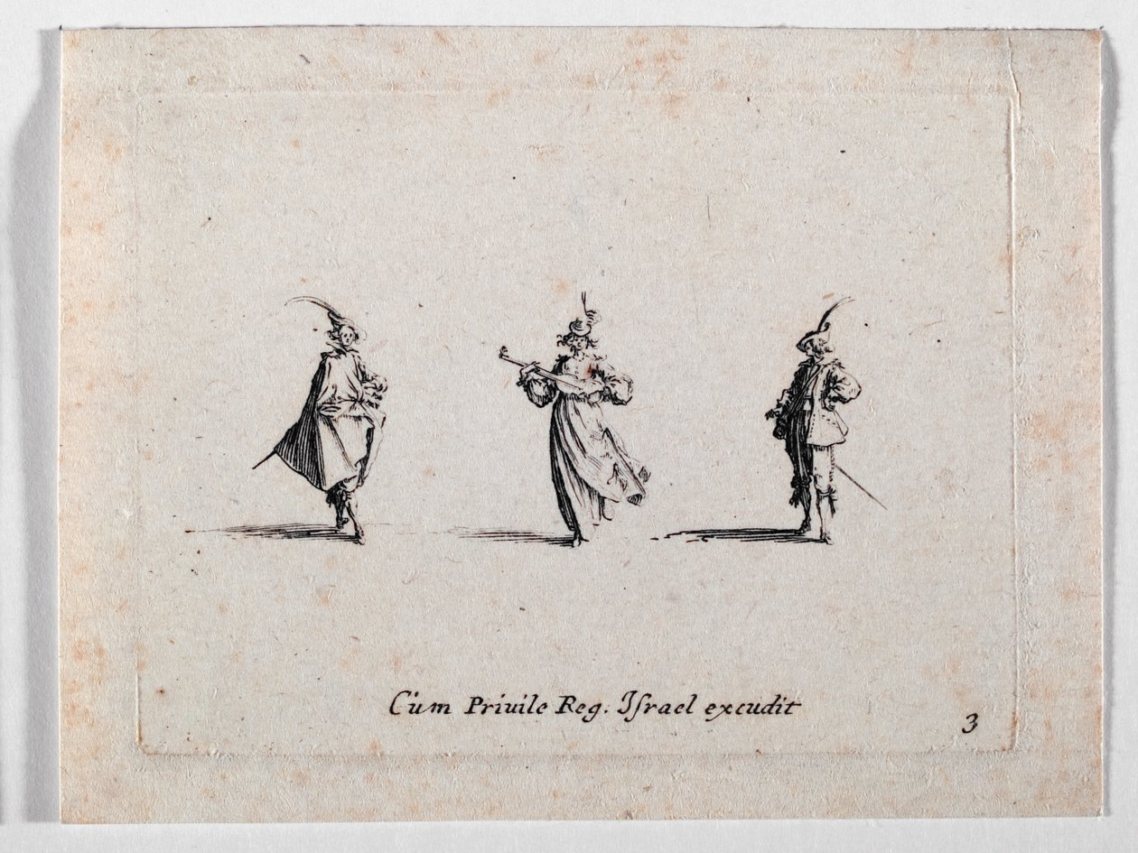 Nainen musisoimassa ja kaksi ratsumiestä, ... (kaiverrus) tekijältä Jacques Callot