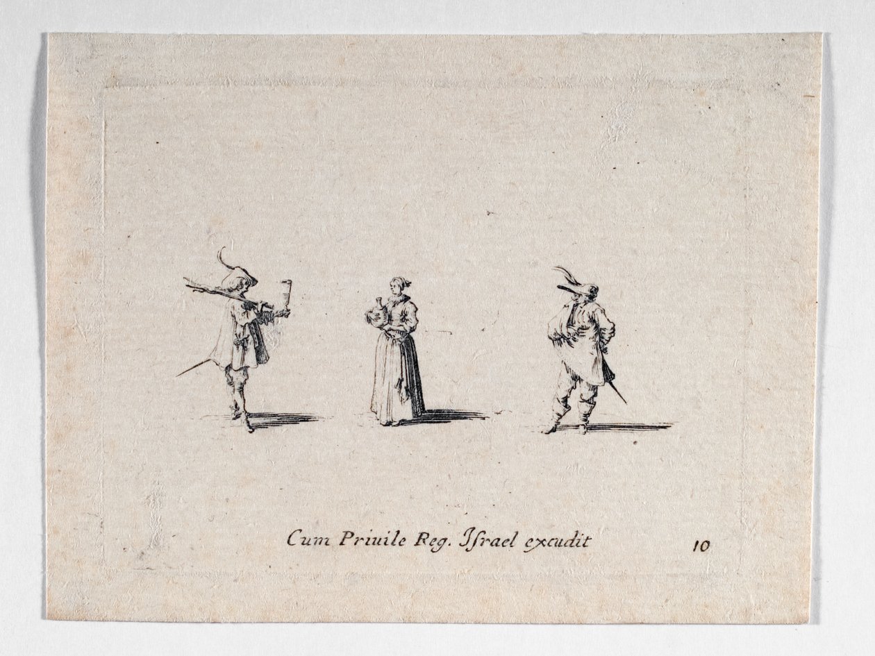 Nainen viinipullon ja kahden ratsumiehen kanssa, ... (kaiverrus) tekijältä Jacques Callot