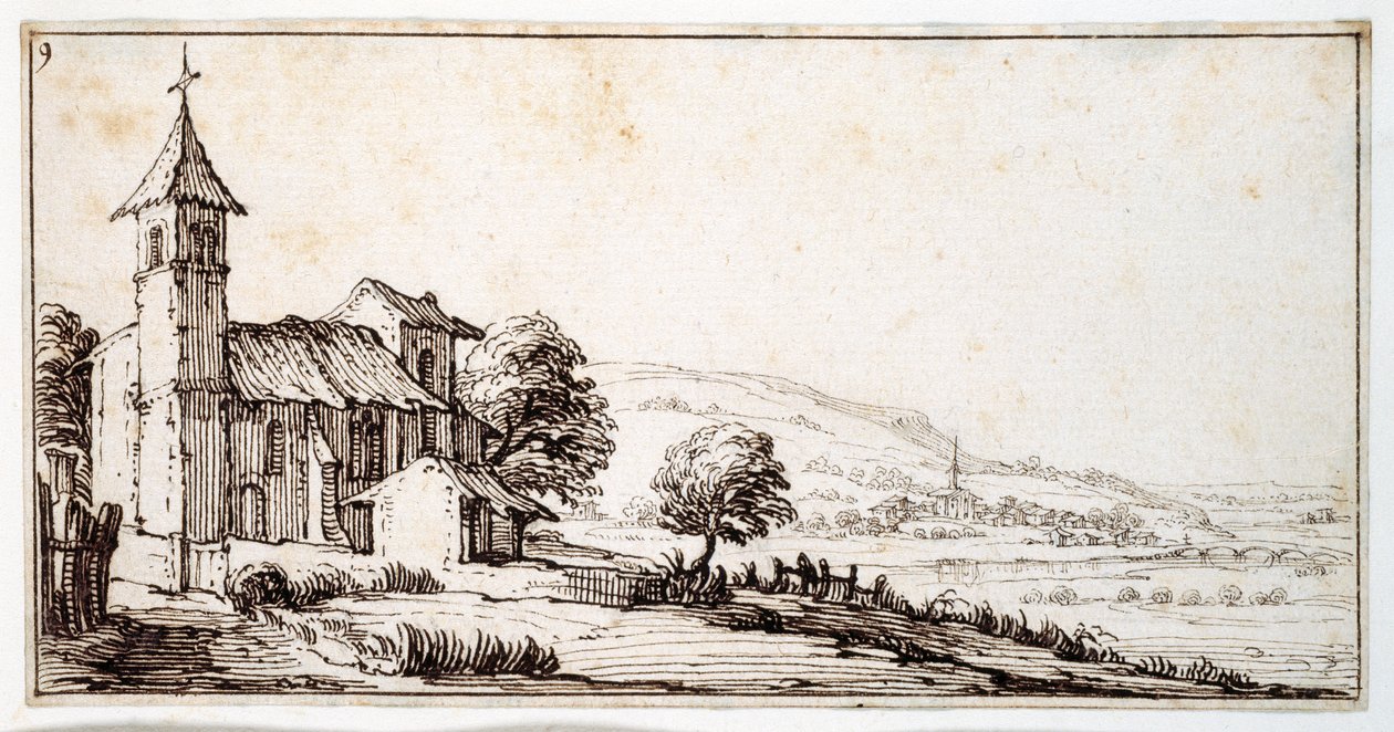 Jokimaisema lähellä Nancya, Maxevillen kylän kirkko ja toinen keskellä, Israel Silvestren albumista, n. 1630 (kynä ja muste paperille) tekijältä Jacques Callot